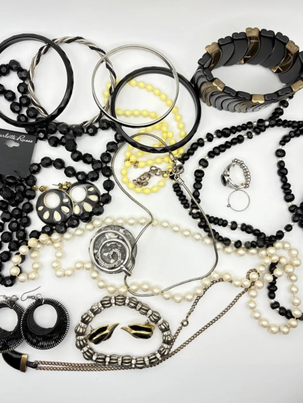 Vintage & Modern Jewelry Lot Black Faux Pearl Bead Necklaces Bangles Earrings